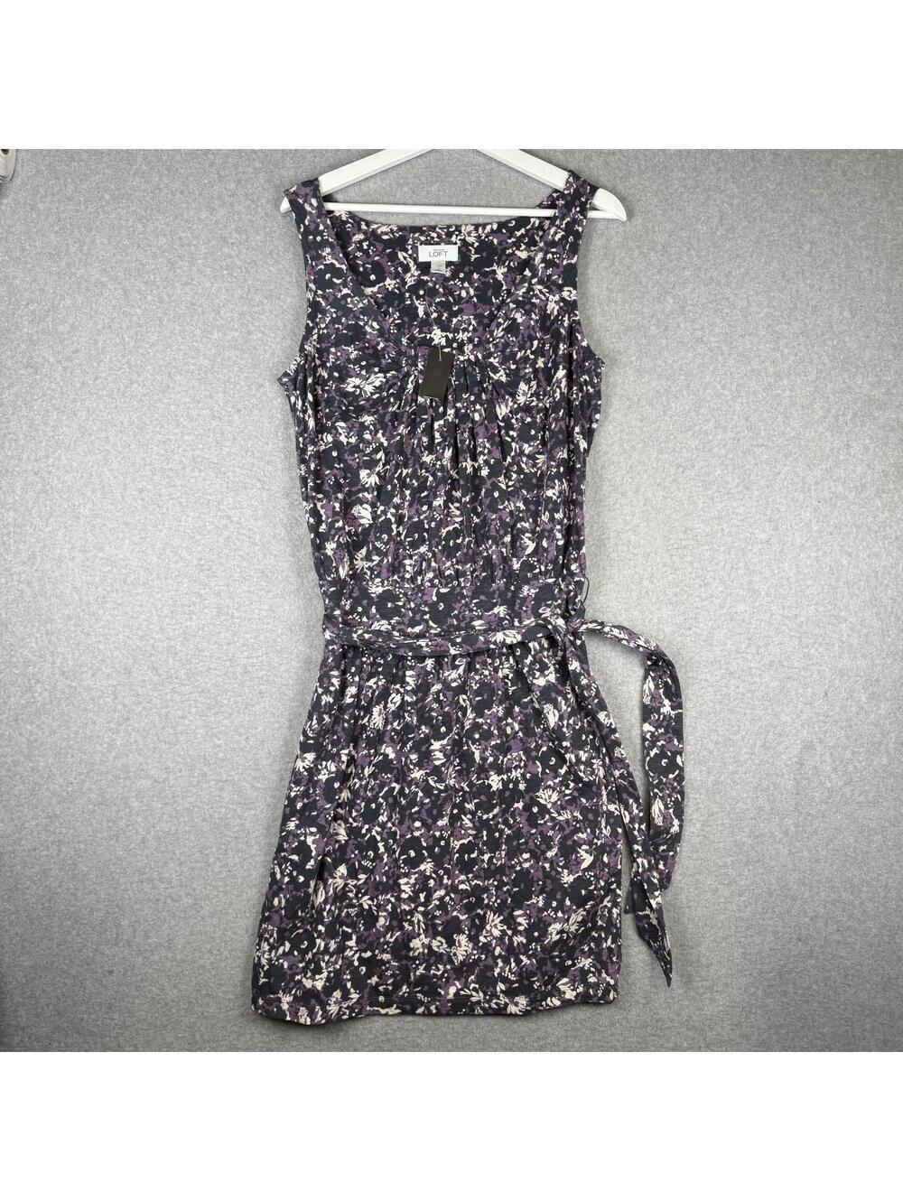Ann Taylor LOFT Women's Size 10 Purple Black Floral Sleeveless Belted Dress
